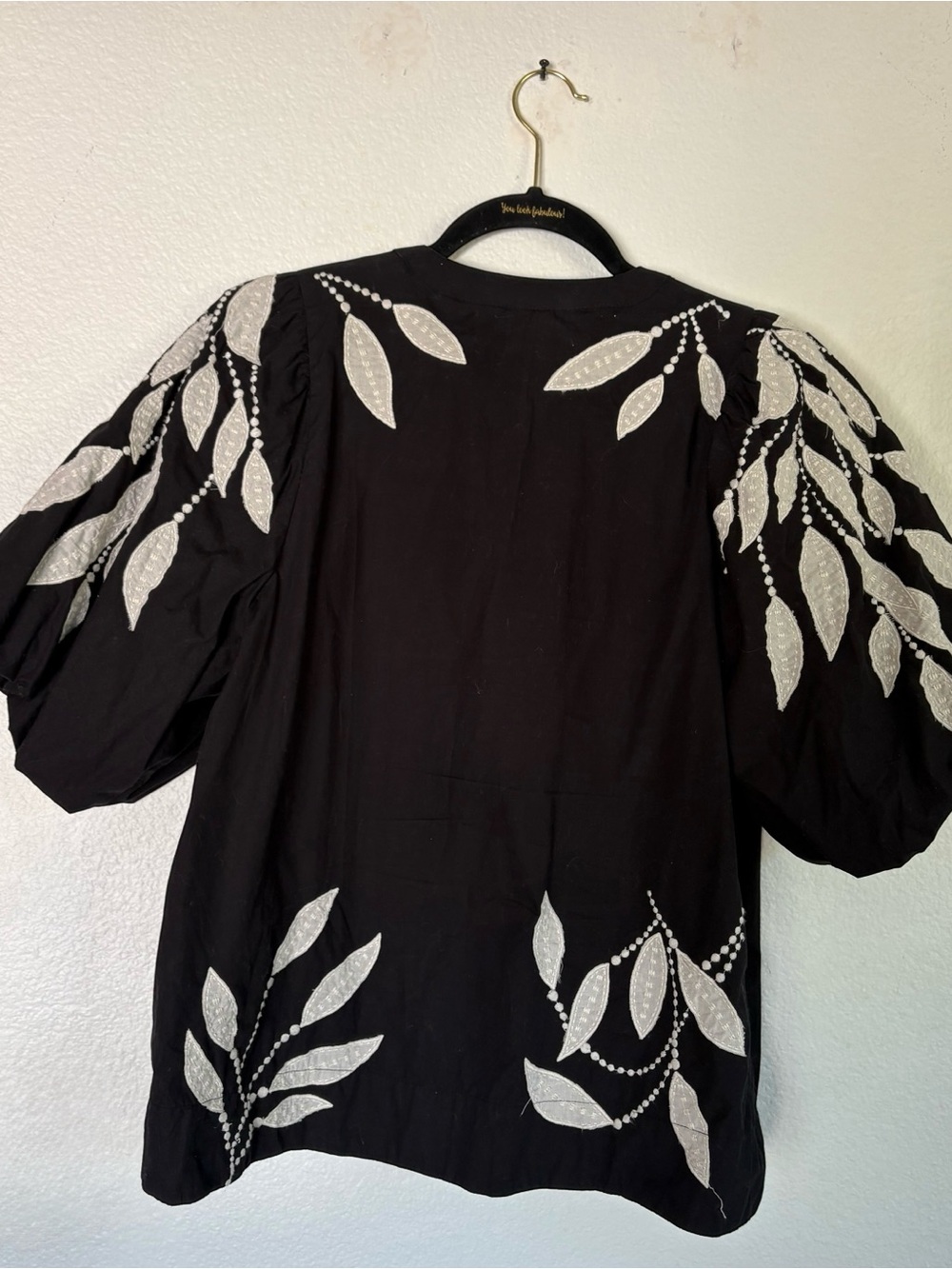 Anthropologie Black Blouse with White Leaf Embroidery - Picture 2 of 12